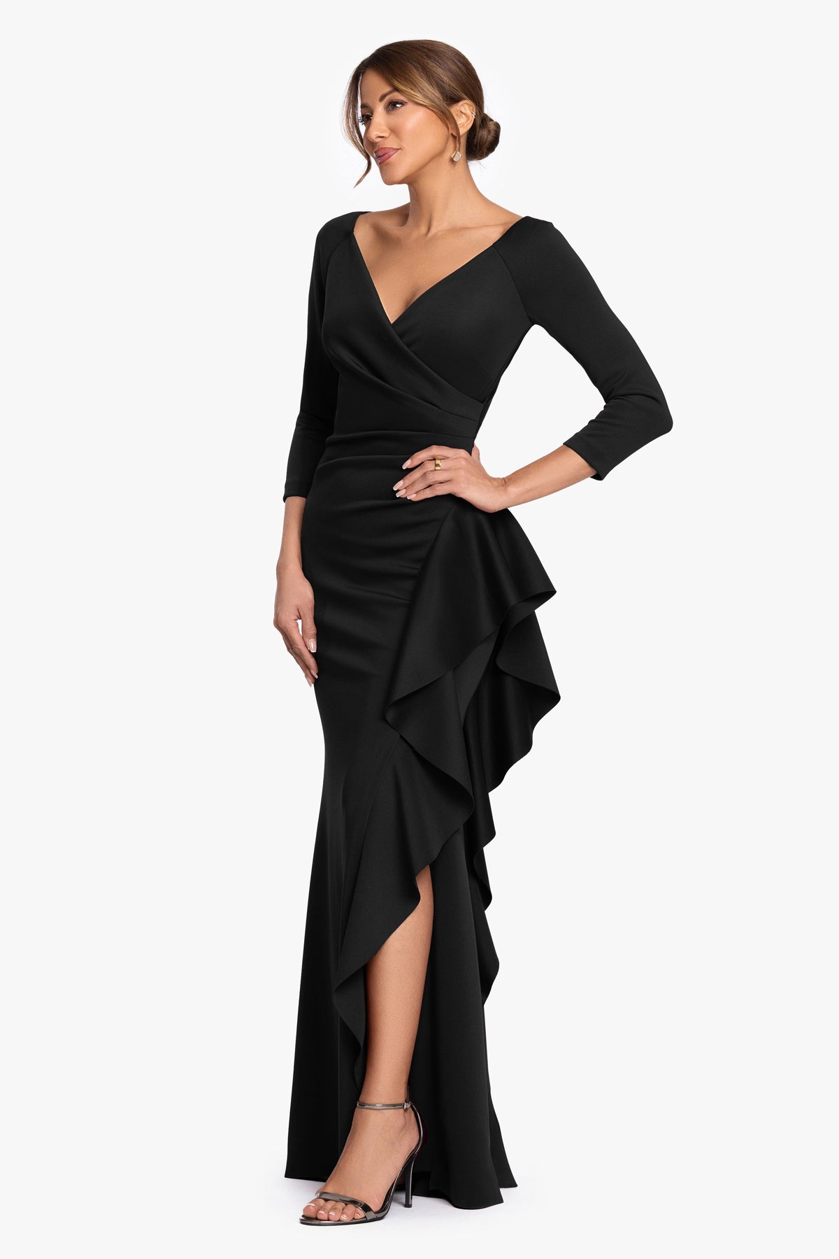 XSCAPE "Clarissa" Techno Scuba Long Sleeve Ruffle Dress