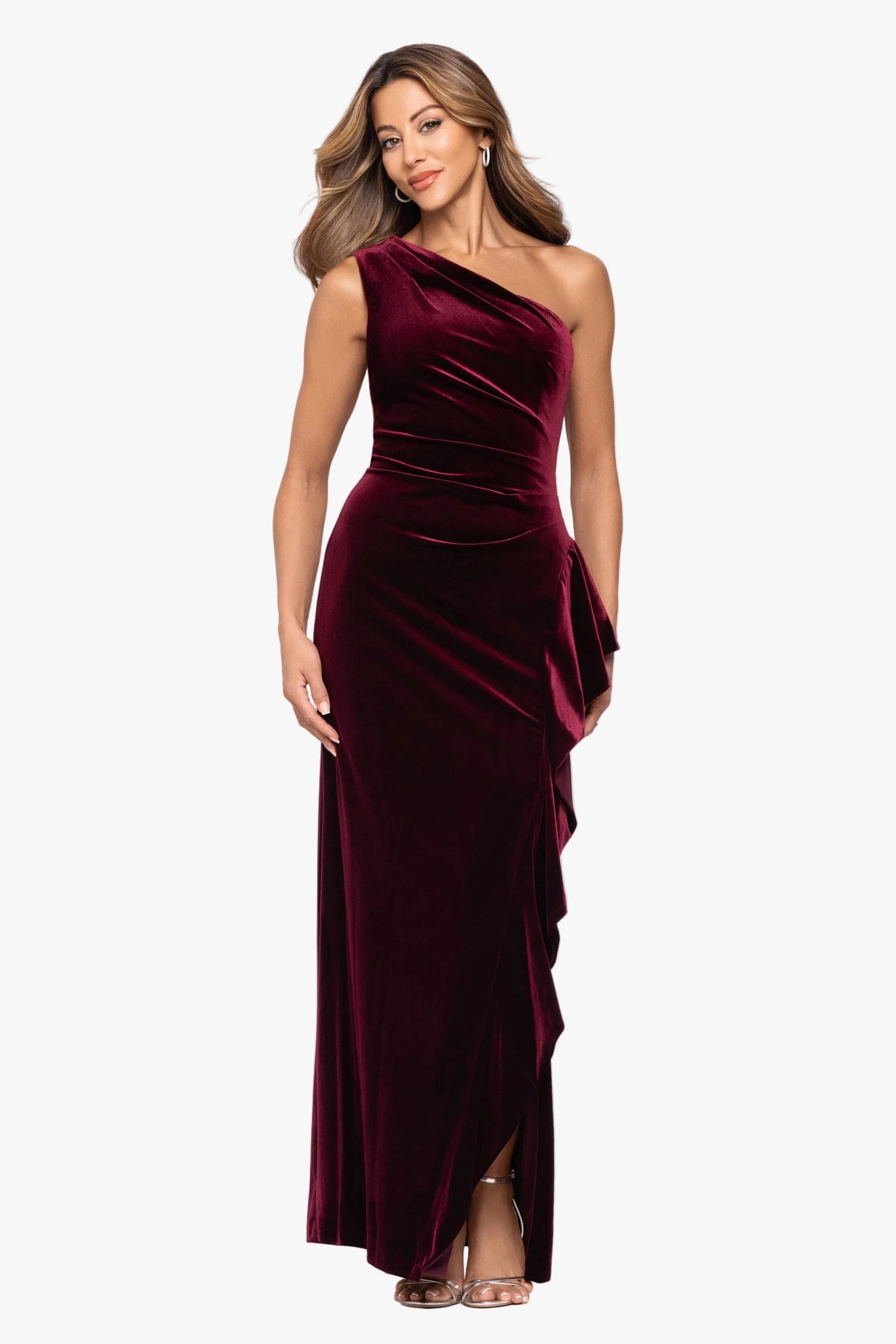 XSCAPE "Gemma" Stretch Velvet One Shoulder Ruffle Dress