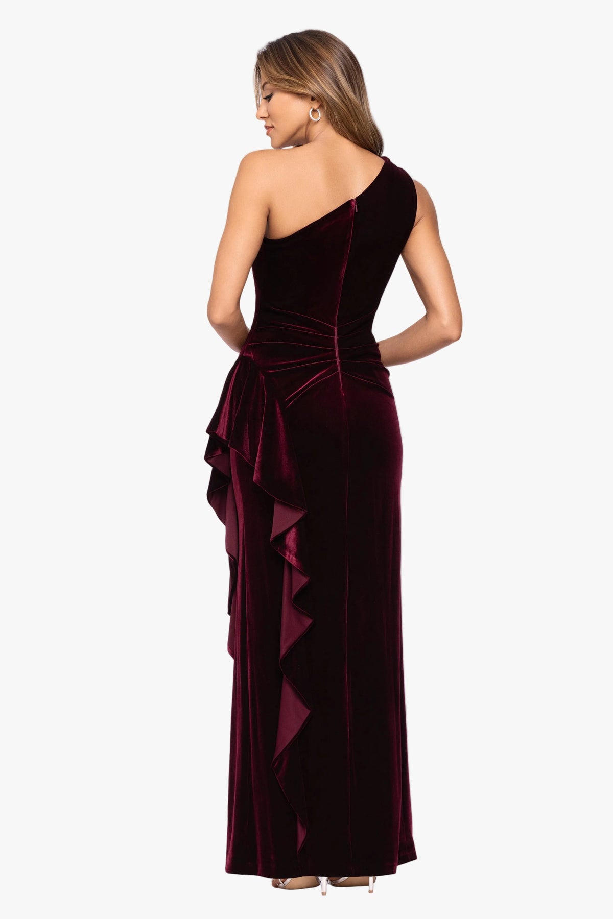 XSCAPE "Gemma" Stretch Velvet One Shoulder Ruffle Dress