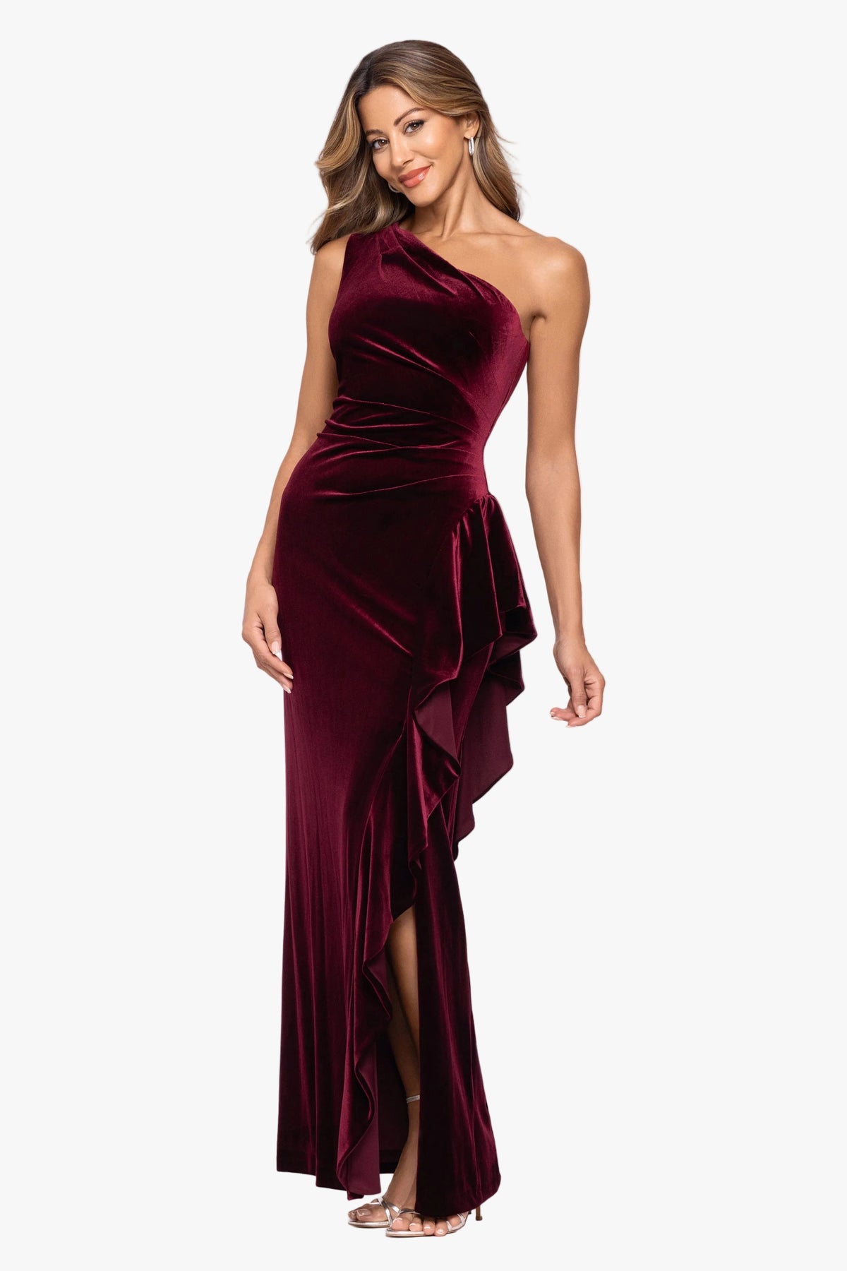 XSCAPE "Gemma" Stretch Velvet One Shoulder Ruffle Dress