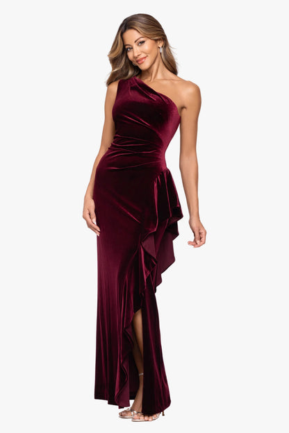 XSCAPE "Gemma" Stretch Velvet One Shoulder Ruffle Dress