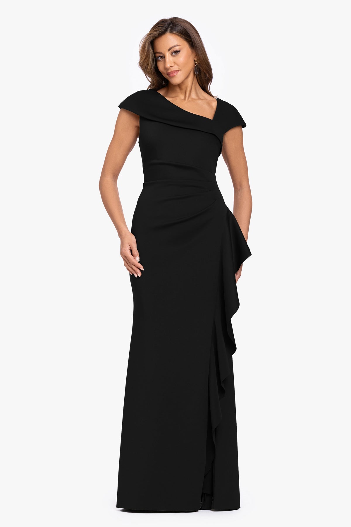 XSCAPE "Rory" Petite Techno Scuba Asymmetrical Side Ruffle Dress