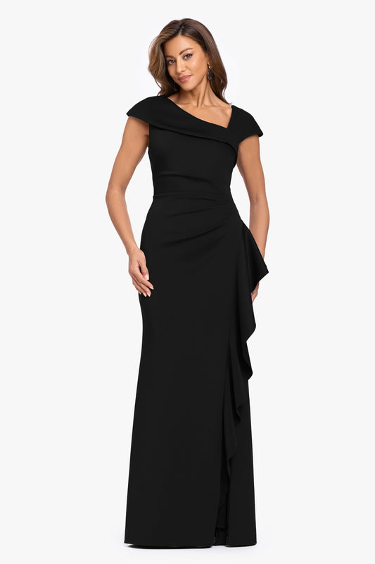 XSCAPE "Rory" Petite Techno Scuba Asymmetrical Side Ruffle Dress