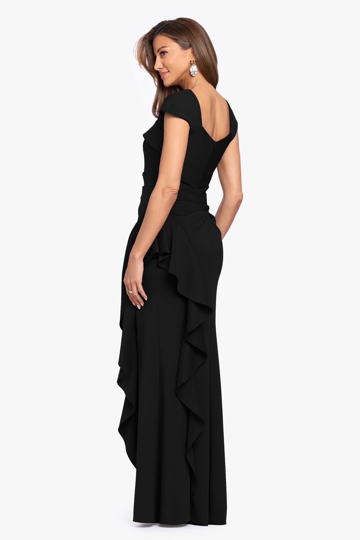 XSCAPE "Rory" Petite Techno Scuba Asymmetrical Side Ruffle Dress