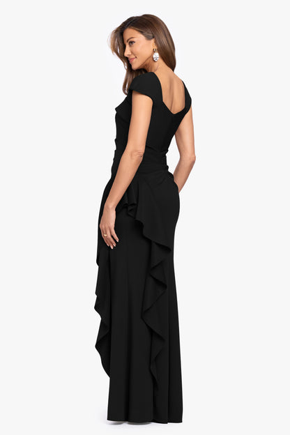 XSCAPE "Rory" Petite Techno Scuba Asymmetrical Side Ruffle Dress