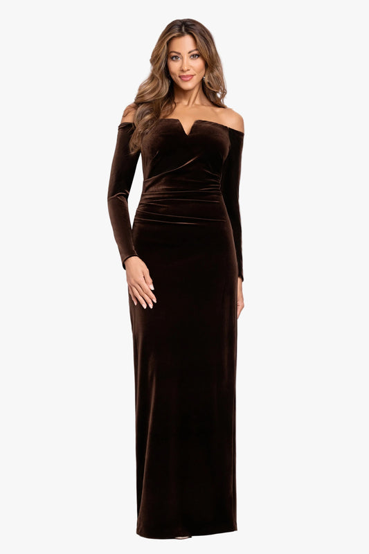 XSCAPE Petite "Christy" Off the Shoulder Velvet Dress