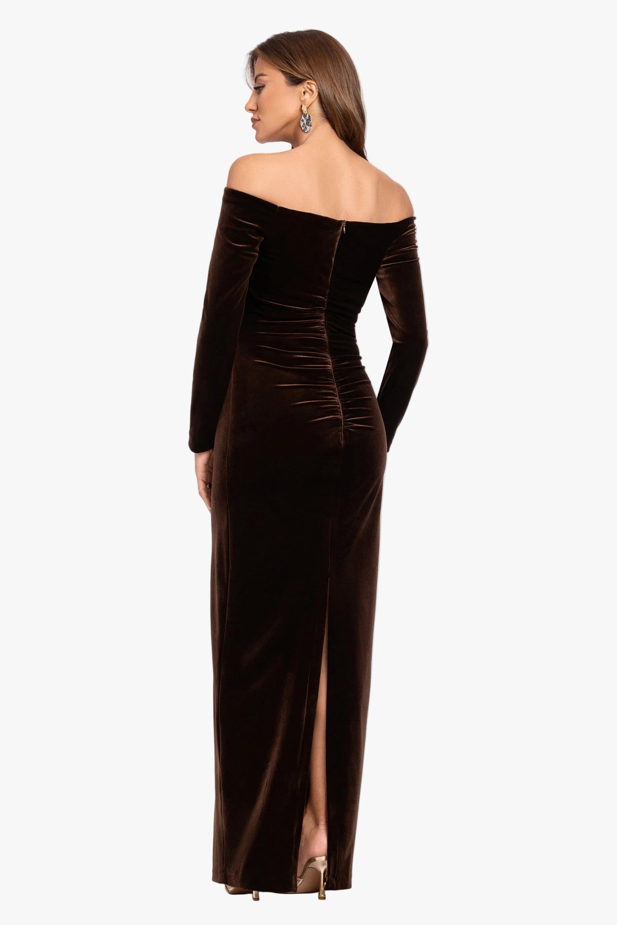 XSCAPE Petite "Christy" Off the Shoulder Velvet Dress