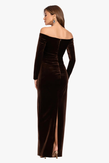 XSCAPE Petite "Christy" Off the Shoulder Velvet Dress