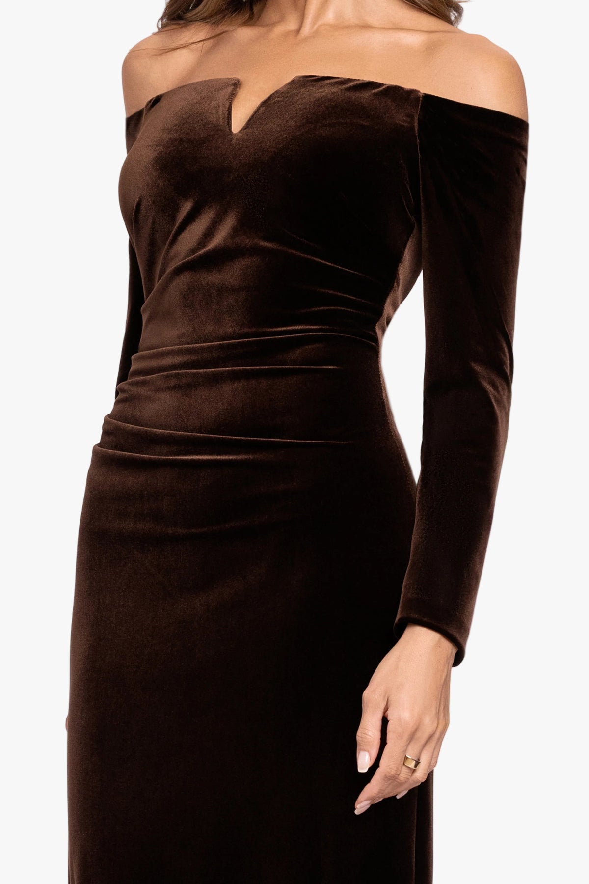 XSCAPE Petite "Christy" Off the Shoulder Velvet Dress