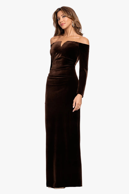 XSCAPE Petite "Christy" Off the Shoulder Velvet Dress