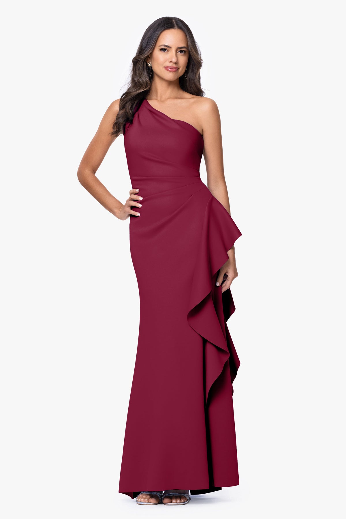 XSCAPE "Flo" Long Techno Scuba One Shoulder Ruffle Dress