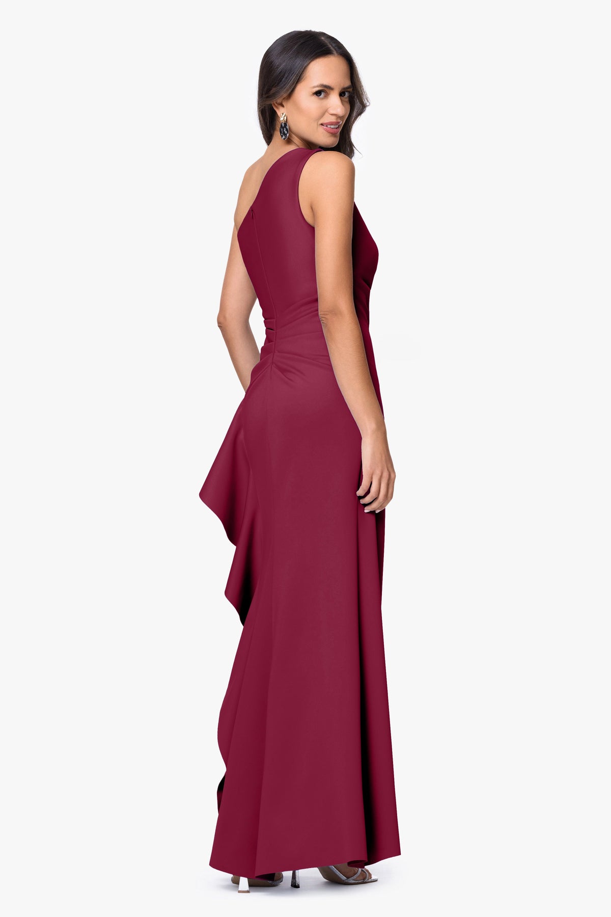 XSCAPE "Flo" Long Techno Scuba One Shoulder Ruffle Dress
