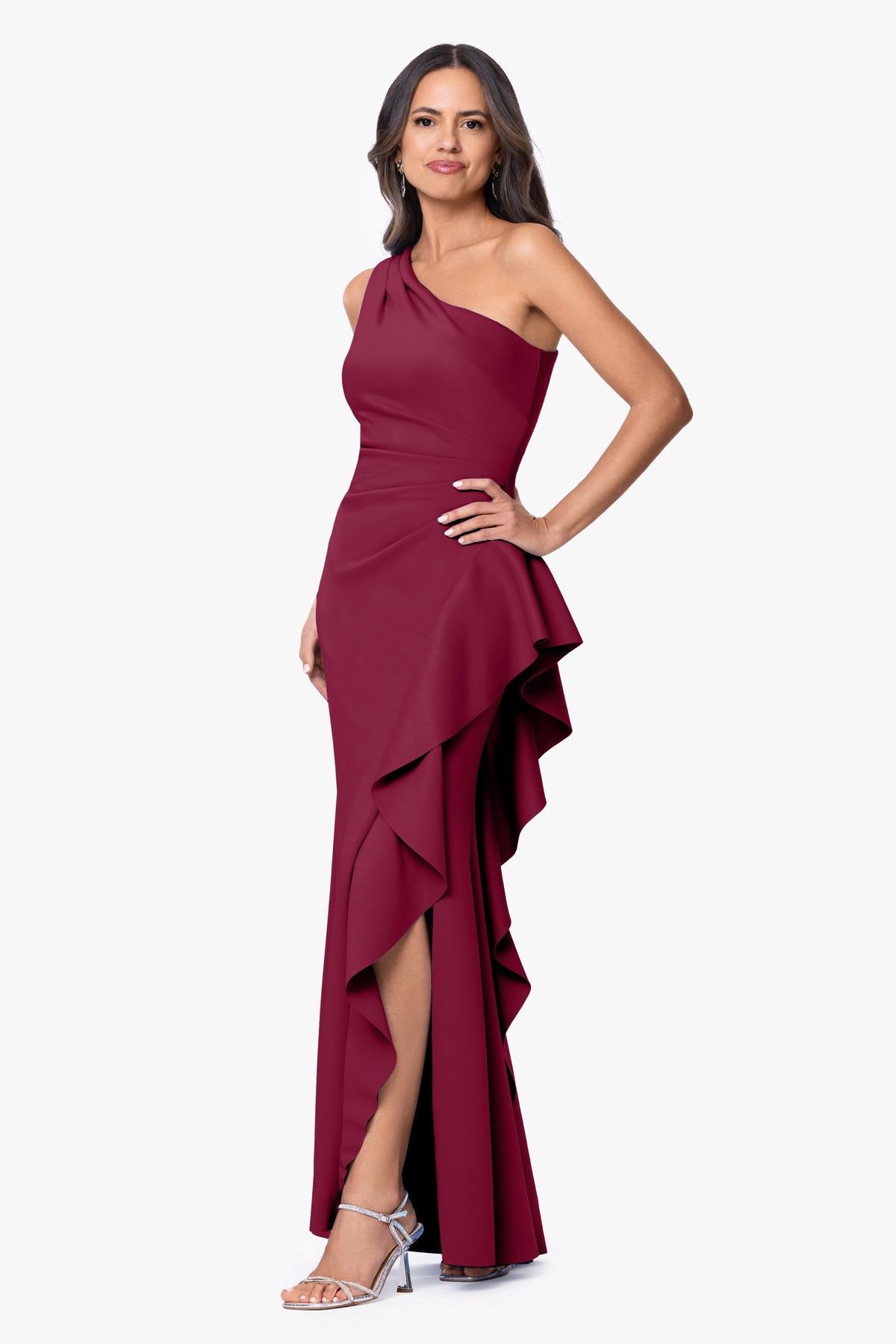 XSCAPE "Flo" Long Techno Scuba One Shoulder Ruffle Dress