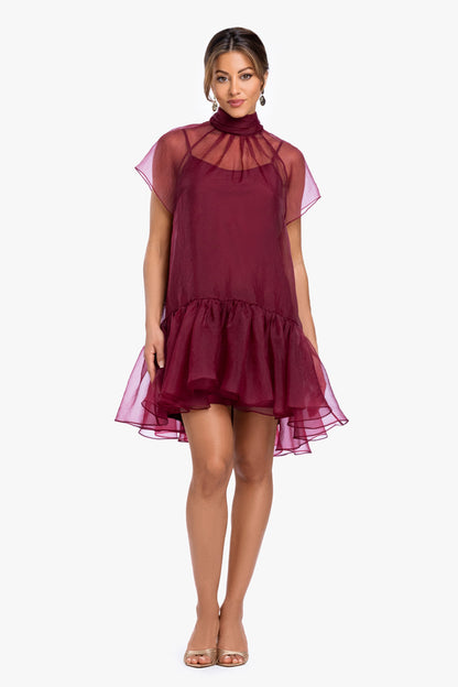 XSCAPE "Shauna" Organza Shift Mock Neck Short Dress