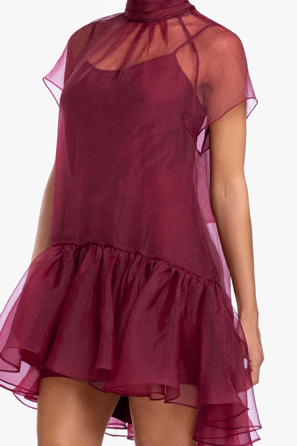 XSCAPE "Shauna" Organza Shift Mock Neck Short Dress