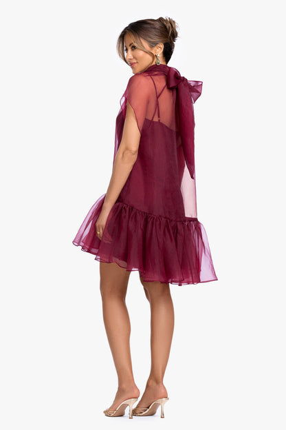 XSCAPE "Shauna" Organza Shift Mock Neck Short Dress