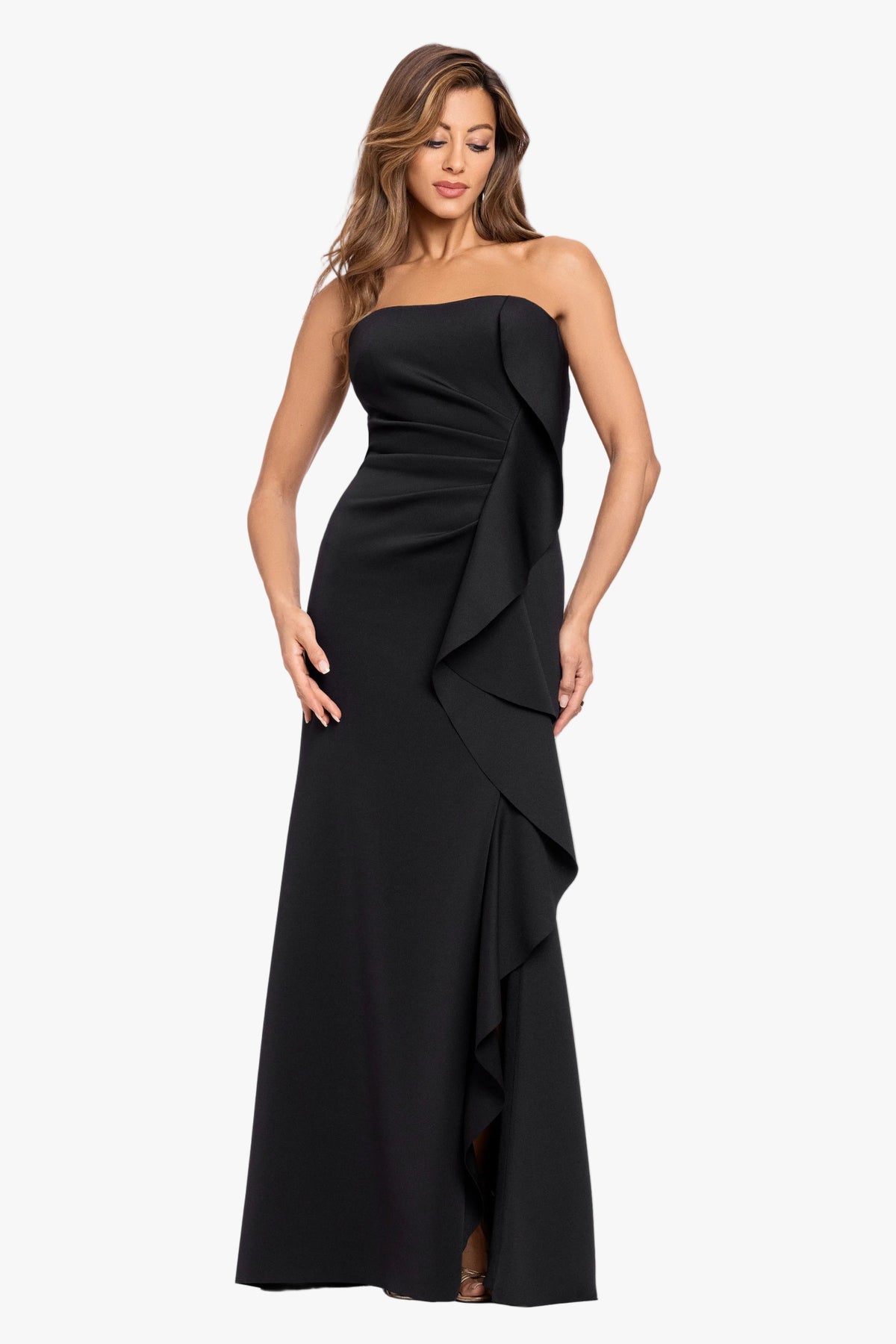 XSCAPE "Brianne" Techno Scuba Side Ruffle Dress