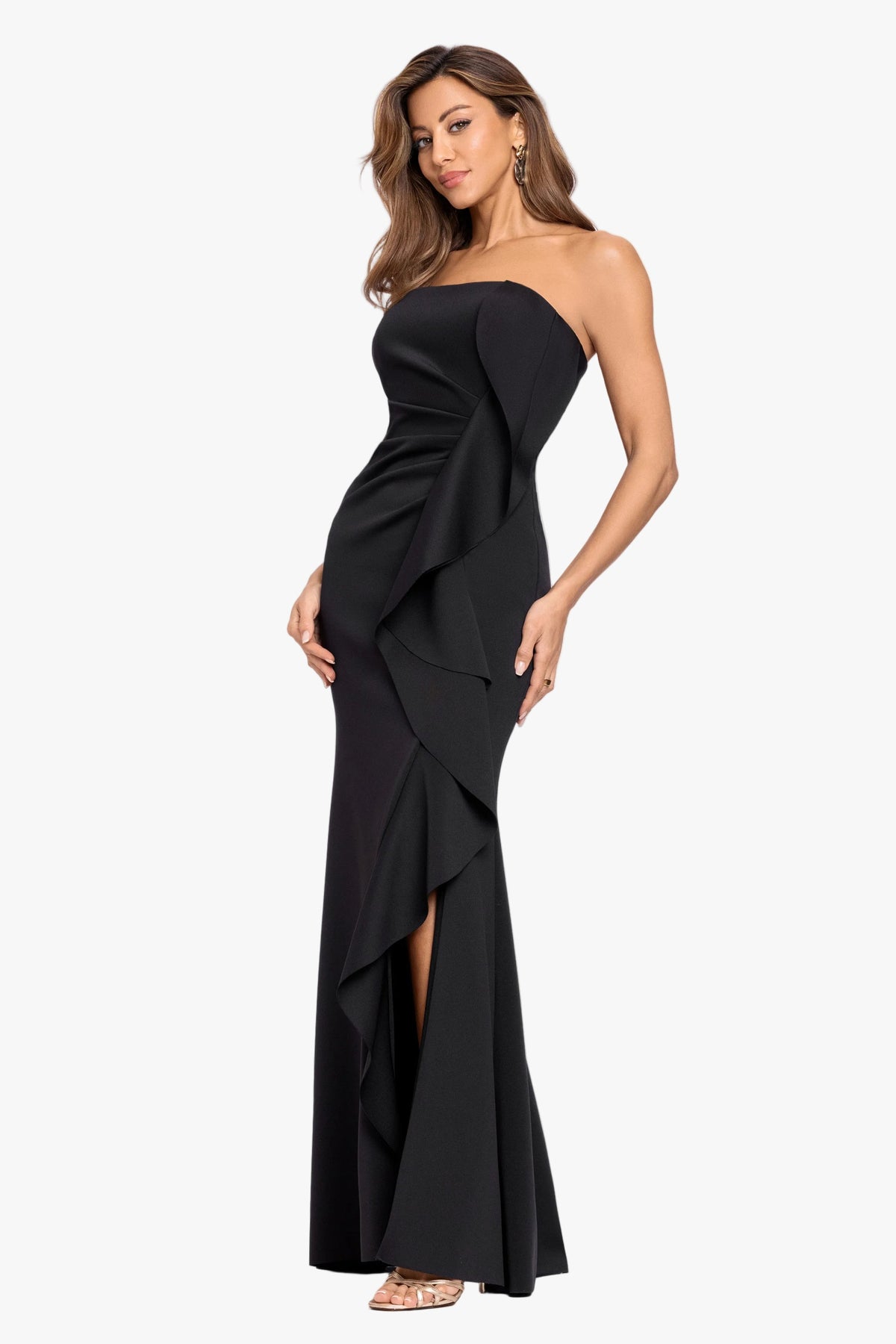 XSCAPE "Brianne" Techno Scuba Side Ruffle Dress