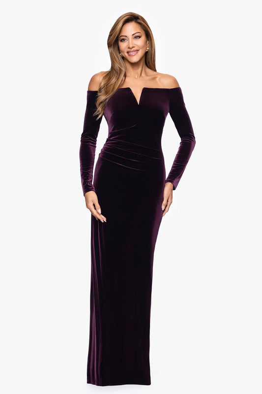 XSCAPE "Christy" Off the Shoulder Velvet Dress