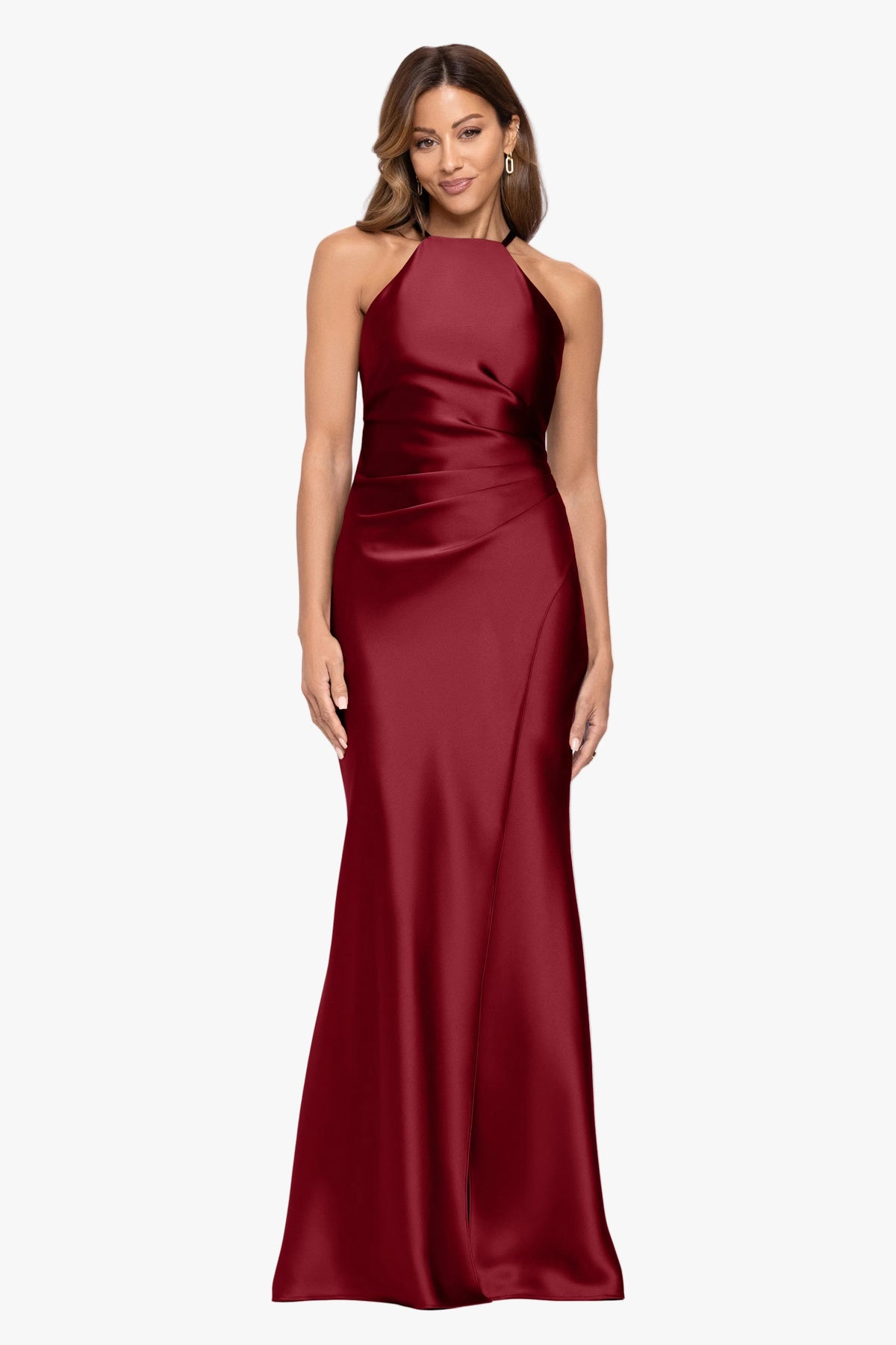 XSCAPE "Iliana" Satin Tie Neck Rouch Back Dress