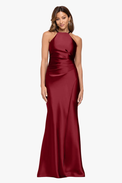 XSCAPE "Iliana" Satin Tie Neck Rouch Back Dress