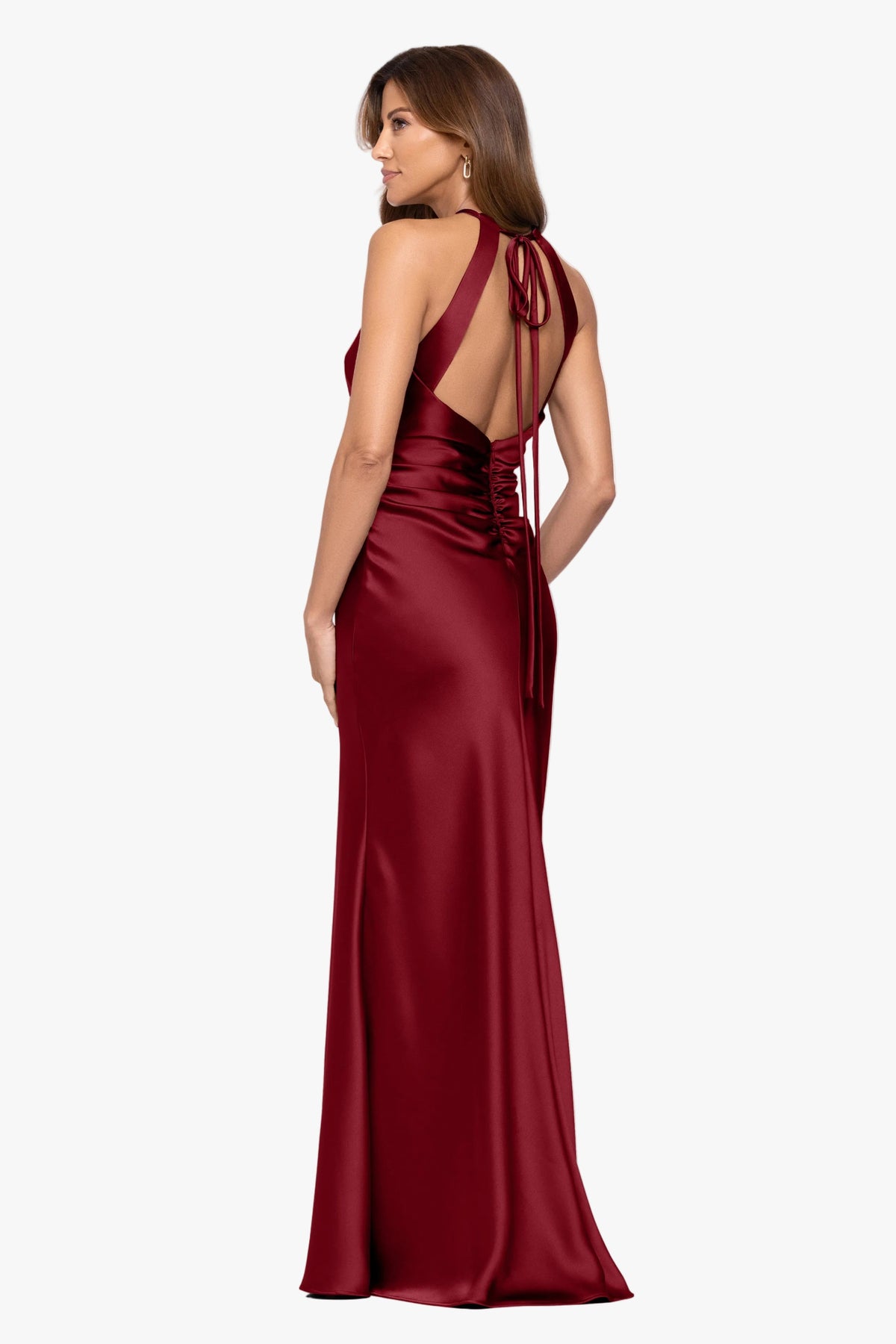 XSCAPE "Iliana" Satin Tie Neck Rouch Back Dress