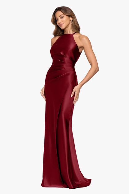 XSCAPE "Iliana" Satin Tie Neck Rouch Back Dress