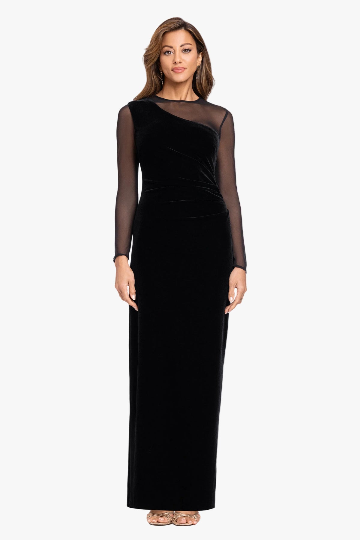XSCAPE "Alison" Velvet Mesh Long Sleeve Dress