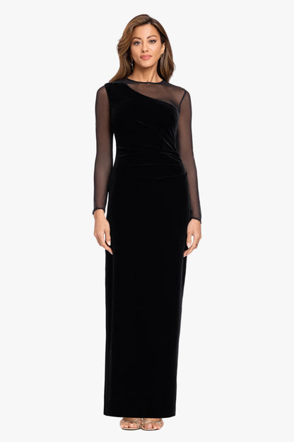 XSCAPE "Alison" Velvet Mesh Long Sleeve Dress