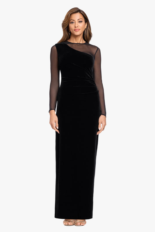 XSCAPE "Alison" Velvet Mesh Long Sleeve Dress