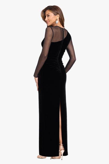 XSCAPE "Alison" Velvet Mesh Long Sleeve Dress
