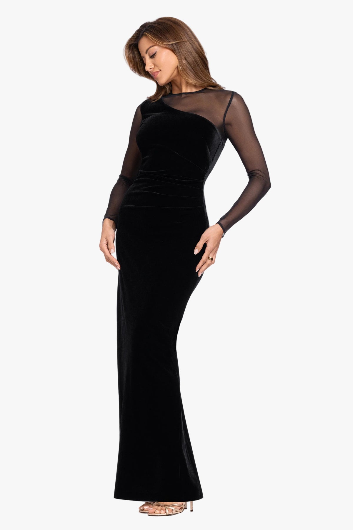 XSCAPE "Alison" Velvet Mesh Long Sleeve Dress