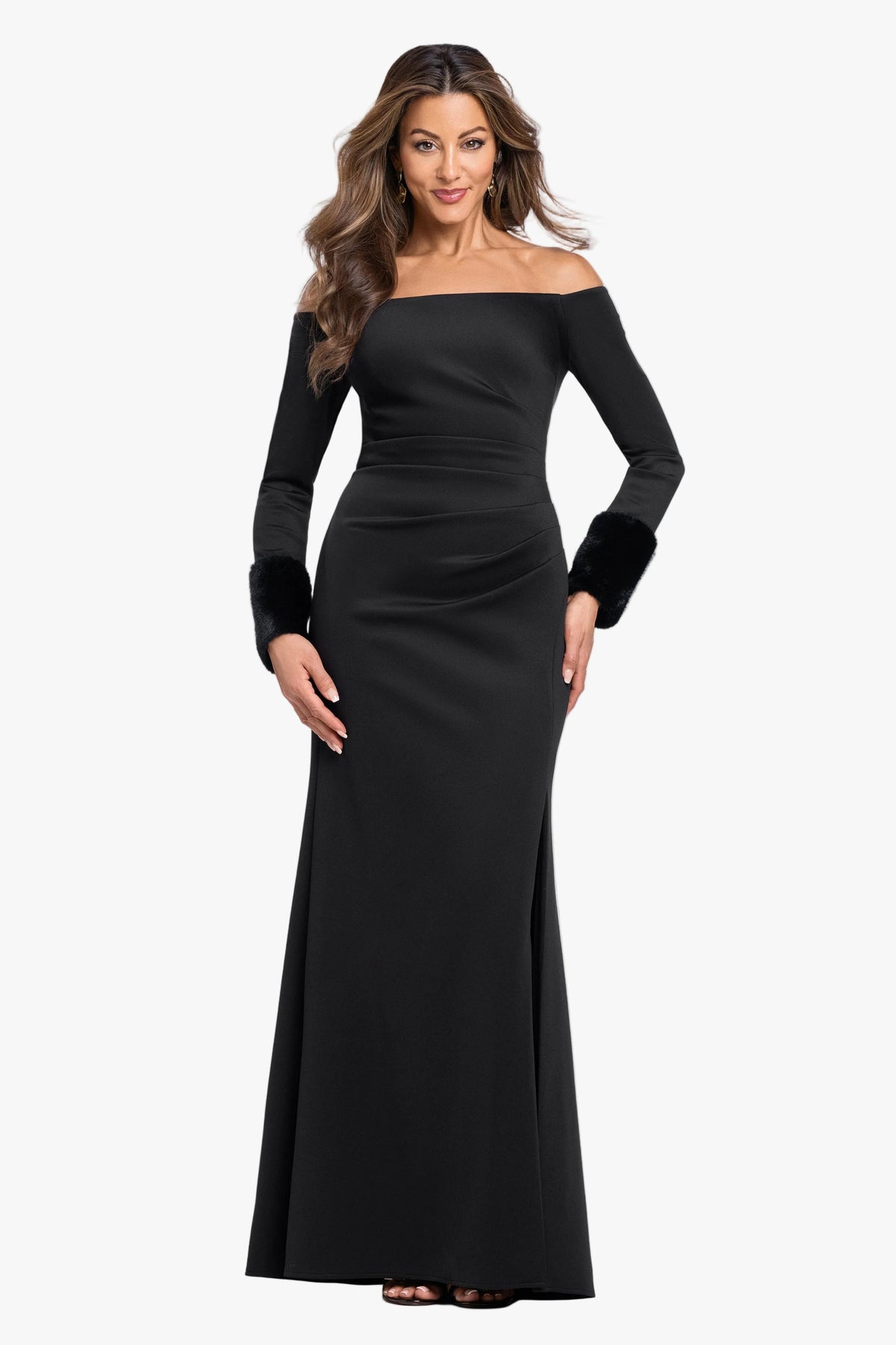 XSCAPE "Carolina" Techno Scuba Off The Shoulder Fur Sleeve Dress