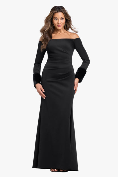 XSCAPE "Carolina" Techno Scuba Off The Shoulder Fur Sleeve Dress