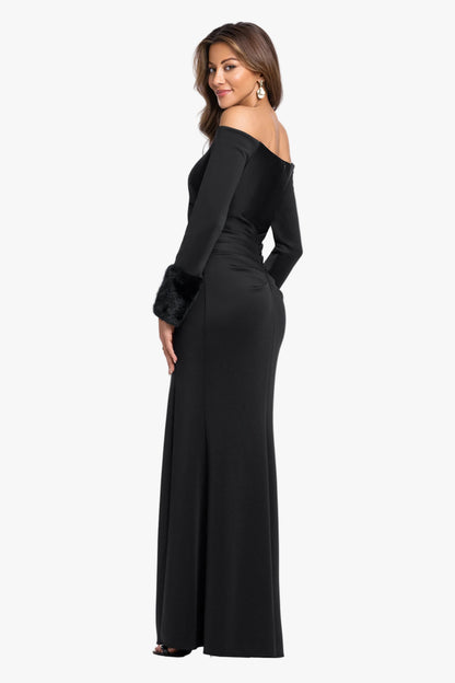XSCAPE "Carolina" Techno Scuba Off The Shoulder Fur Sleeve Dress
