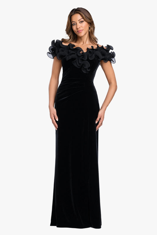 XSCAPE "Amora" Velvet Off The Shoulder Chiffon Ruffle Dress