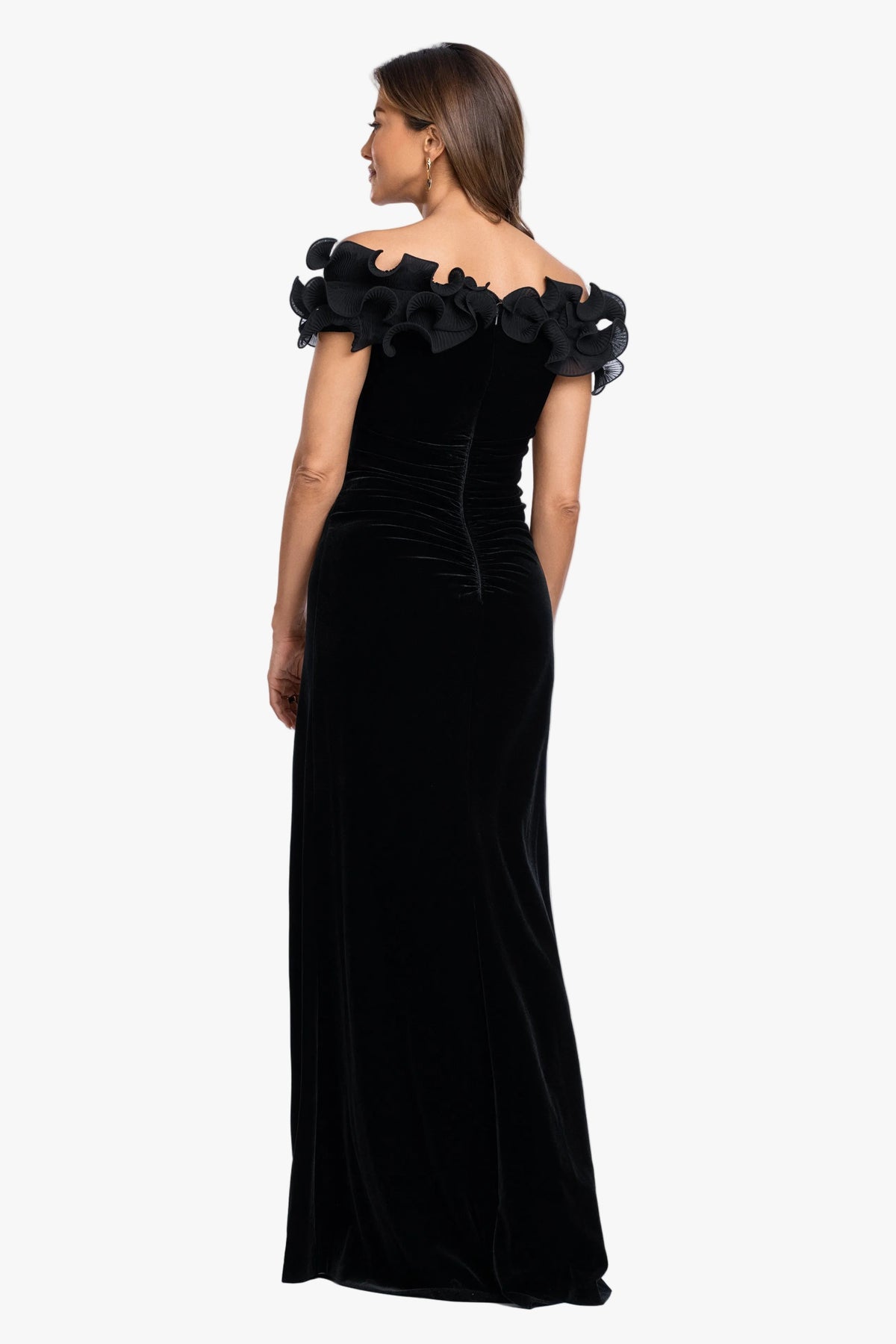 XSCAPE "Amora" Velvet Off The Shoulder Chiffon Ruffle Dress