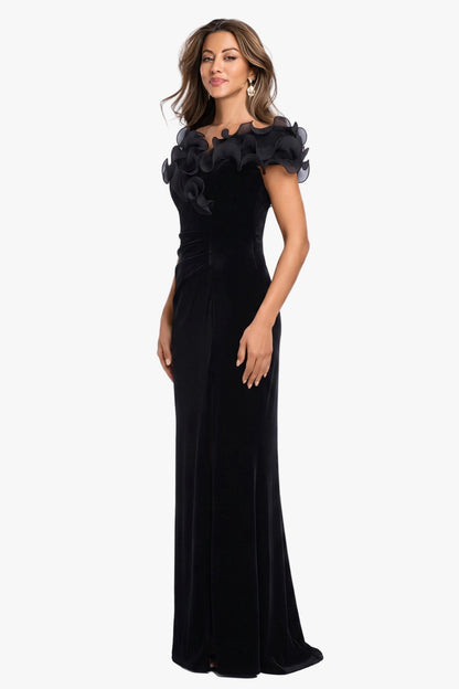 XSCAPE "Amora" Velvet Off The Shoulder Chiffon Ruffle Dress