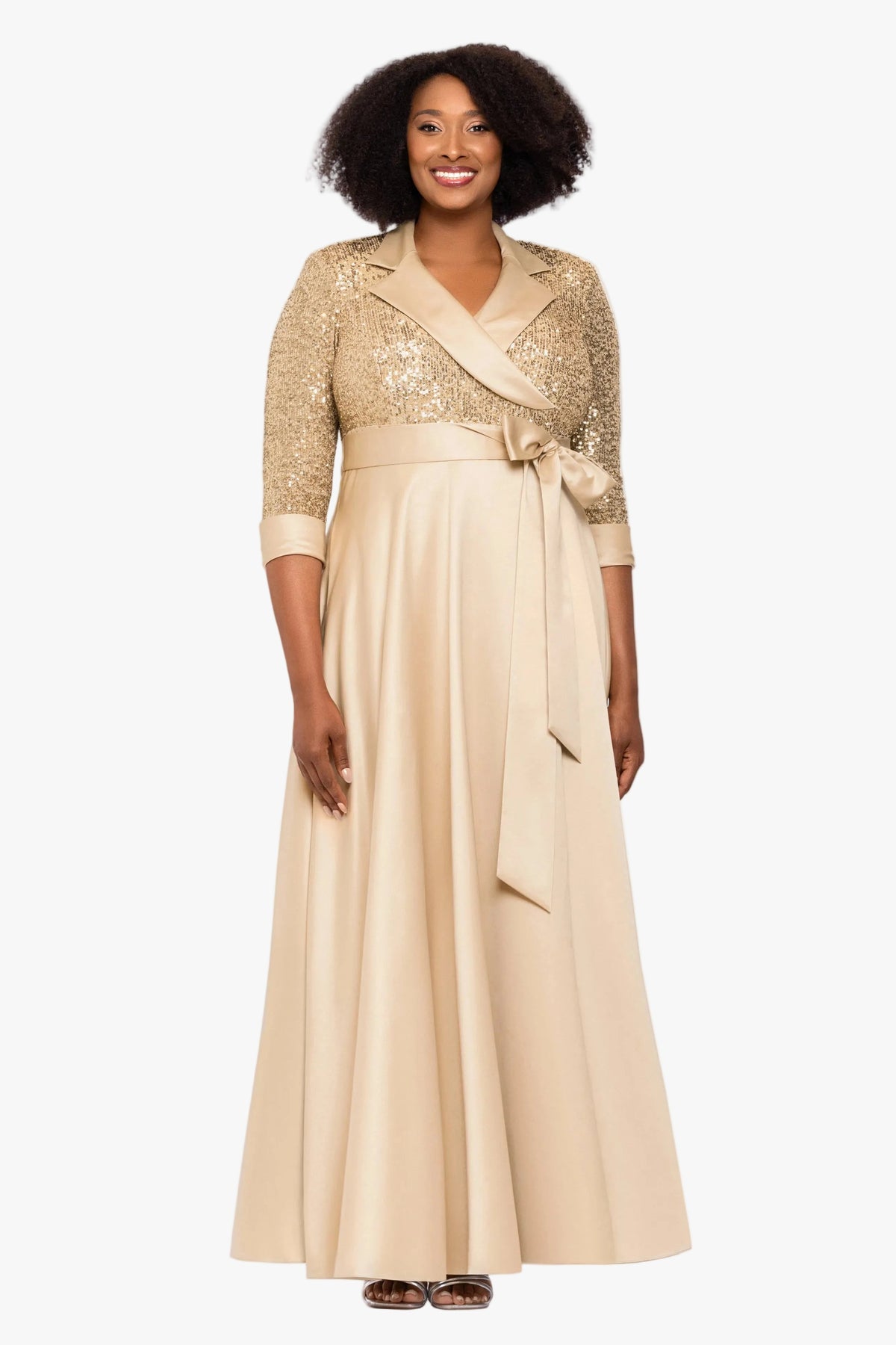 XSCAPE Plus "Megan" Tuxedo Sequin & Lamour Satin Ballgown