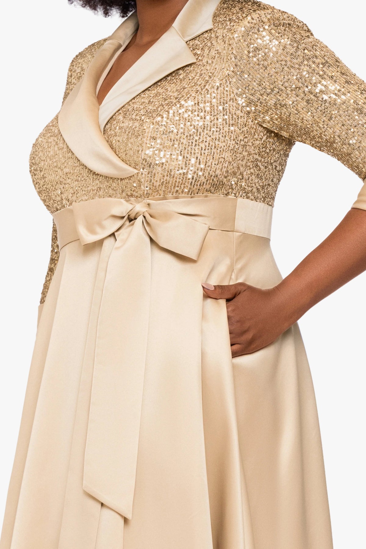 XSCAPE Plus "Megan" Tuxedo Sequin & Lamour Satin Ballgown