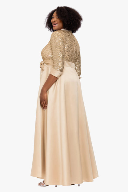 XSCAPE Plus "Megan" Tuxedo Sequin & Lamour Satin Ballgown