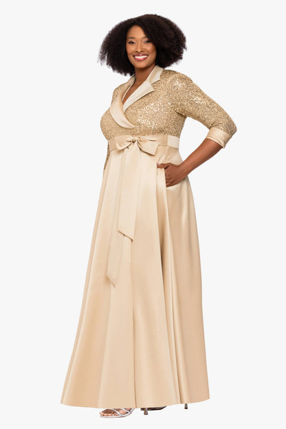 XSCAPE Plus "Megan" Tuxedo Sequin & Lamour Satin Ballgown