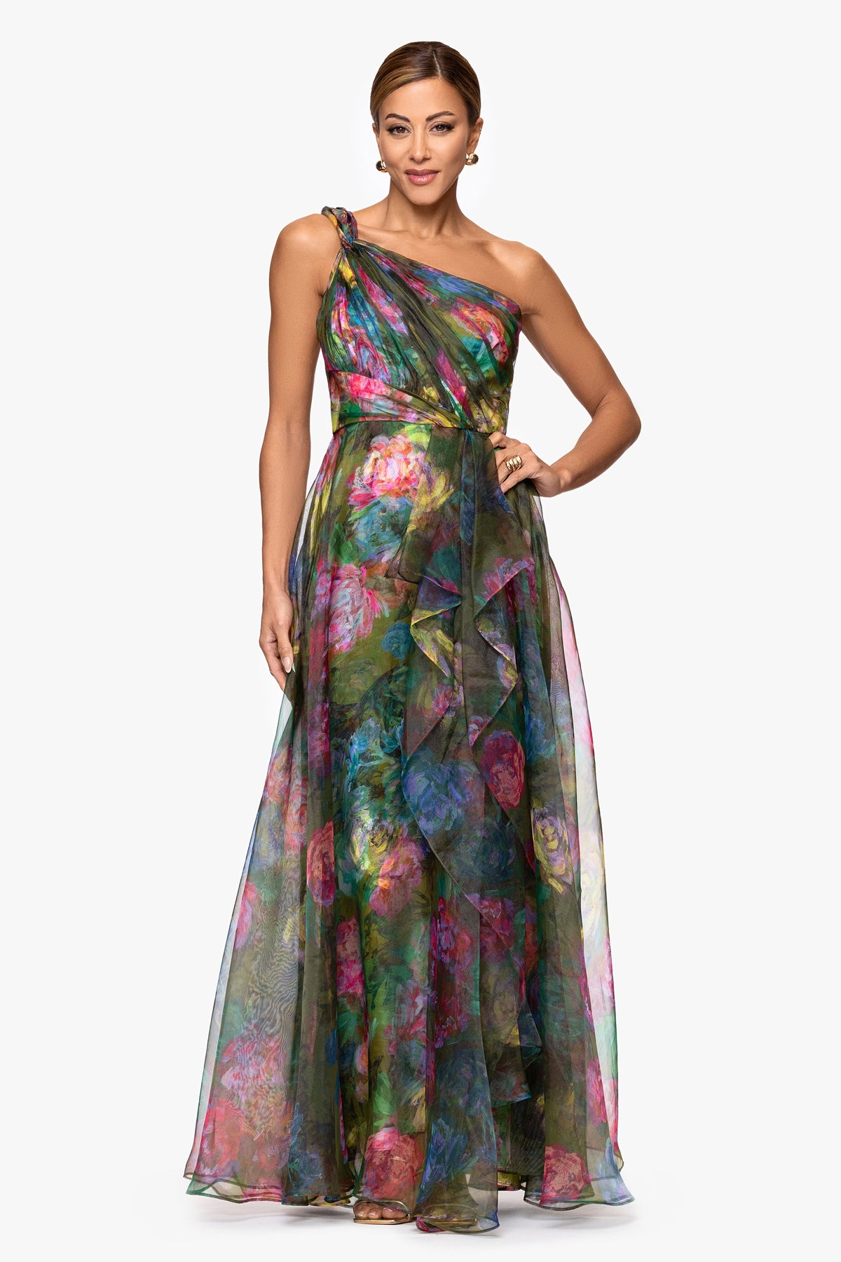 XSCAPE "Vera" Print Organza One Shoulder Floor Length Dress