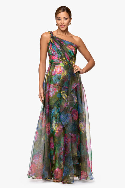 XSCAPE "Vera" Print Organza One Shoulder Floor Length Dress