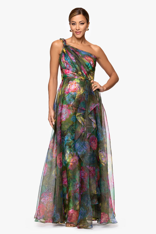 XSCAPE "Vera" Print Organza One Shoulder Floor Length Dress