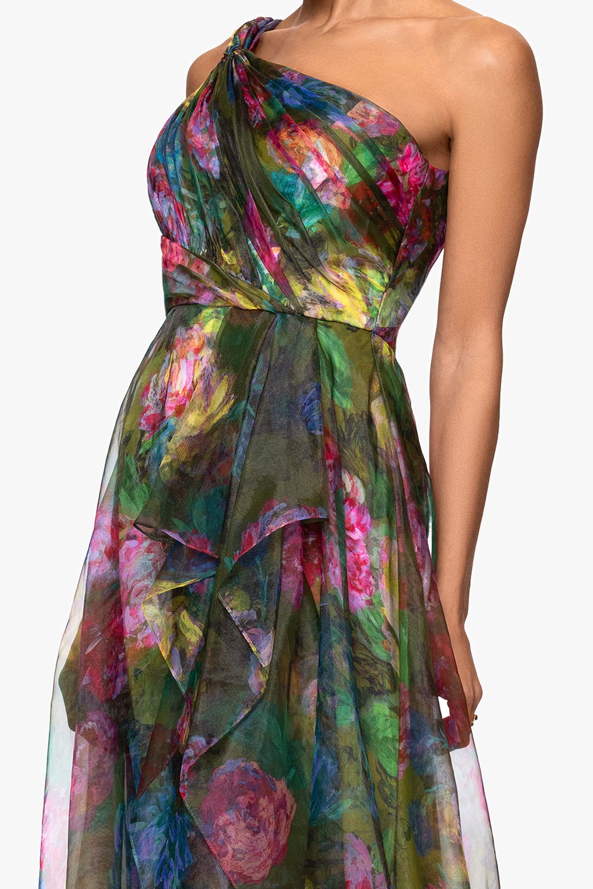 XSCAPE "Vera" Print Organza One Shoulder Floor Length Dress