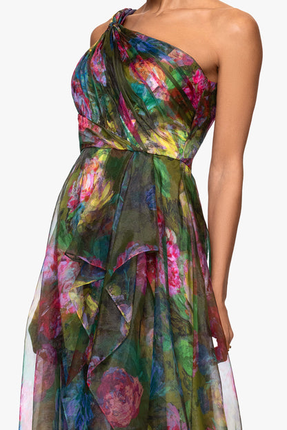XSCAPE "Vera" Print Organza One Shoulder Floor Length Dress