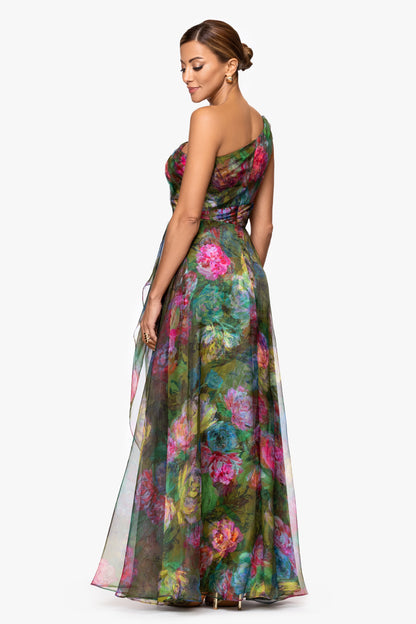 XSCAPE "Vera" Print Organza One Shoulder Floor Length Dress