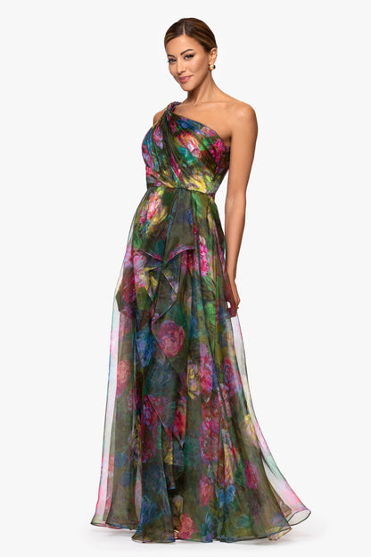 XSCAPE "Vera" Print Organza One Shoulder Floor Length Dress