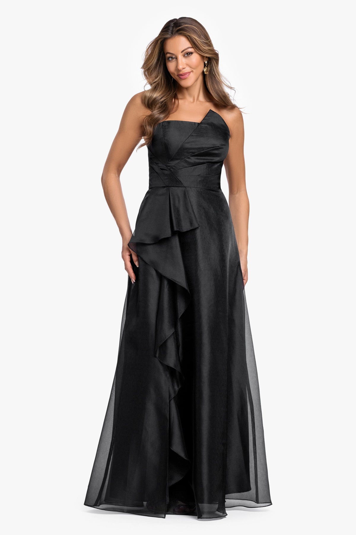XSCAPE "Delaney" Metallic Organza Strapless Asymmetrical Dress